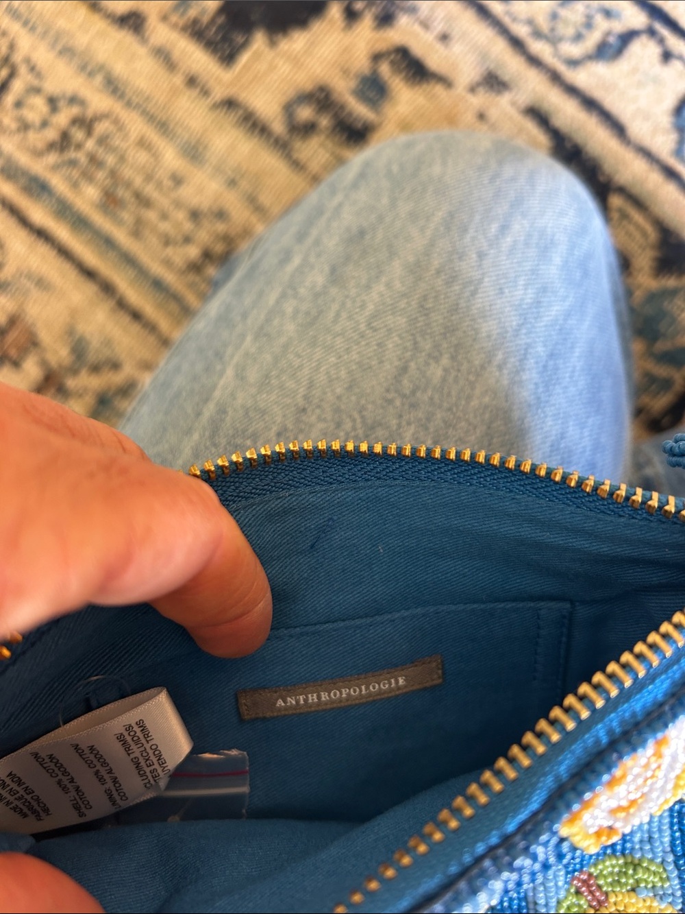 Anthropologie Blue Beaded Zip Pouch with Gold Trim - Picture 4 of 6
